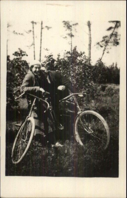 Man & Woman Pose w/ Their Bicycles c1920s Real Photo Postcard