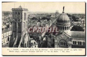 Postcard Old Tours View from the Tower Clock tower Charlemagne church Saint M...