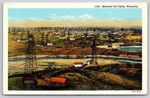 Wyoming~Air View Midwest Oil Fields~Vintage Linen Postcard