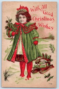 1910 Christmas Child With Holly Berries Sled Winona Minnesota MN Posted Postcard