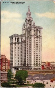 VINTAGE POSTCARD MUNICIPAL BUILDING BUSES CROWDS NEW YORK CITY POSTED 1919