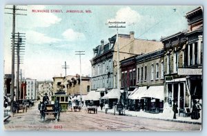 Janesville Wisconsin Postcard Milwaukee Street Buildings Streetcars Horse 1916