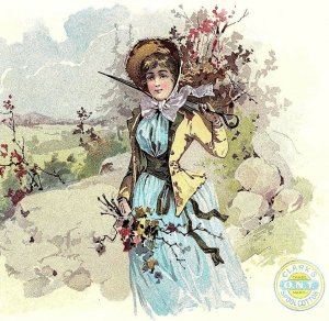 1880's Large Victorian Trade Card Clark's ONT Spool Cotton Autumn Pretty Lady &B