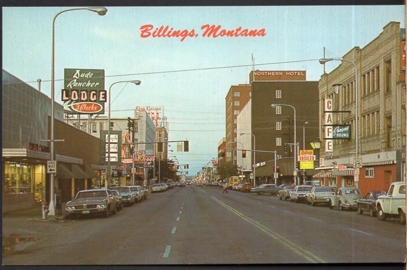 Montana BILLINGS Downtown Street View showing Store Fronts & Older Cars - Chrome