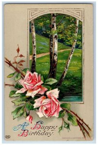 1914 Happy Birthday Pink Rose Flowers Trees Loewenberg Gel Gold Gilt Postcard
