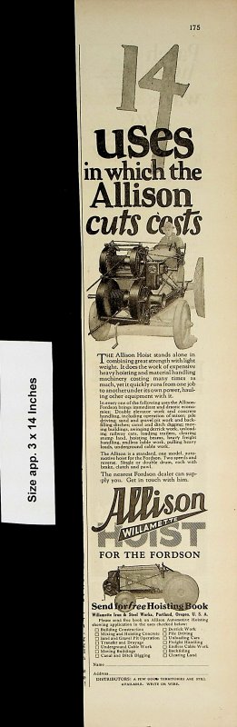 1926 Allison Willamette Hoisting Book Fordson Vintage Print Ad 4505