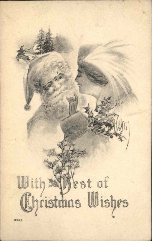 Santa Claus with Beautiful Woman Christmas c1920 Vintage Postcard