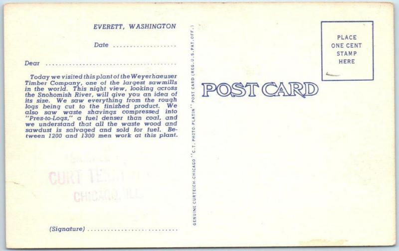 EVERETT, Washington  WA    Night View MILL B -- WEYERHAEUSER TIMBER CO. Postcard