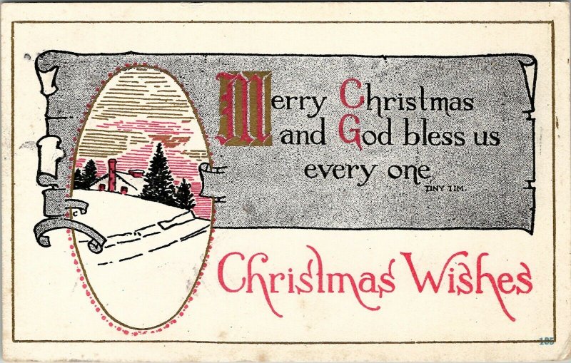 Merry Christmas Black White Red Gold Tiny Tim Greeting 1916 Postcard W10