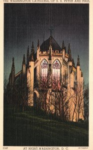 Vintage Postcard 1920's Washington Cathedral of SS Peter & Paul at Night Wash DC