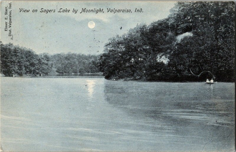 View on Sagers Lake by Moonlight, Valparaiso IN c1907 Vintage Postcard V38