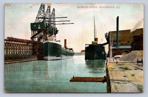 K7/ Waukegan Illinois Postcard c1910 Harbor Scene Ships Loading 628