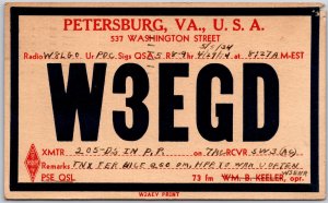 1934 QSL Radio Card Code W3EGD Petersburg VA Amateur Station Posted Postcard