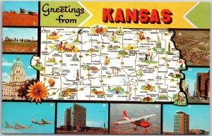 Kansas State Map Multi View Topeka, Airplanes, Wheat Harvest, Vintage Postcard