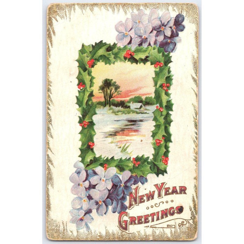 Postcard New Year Greetings Holly Flowers 1914 Cambridge Ohio