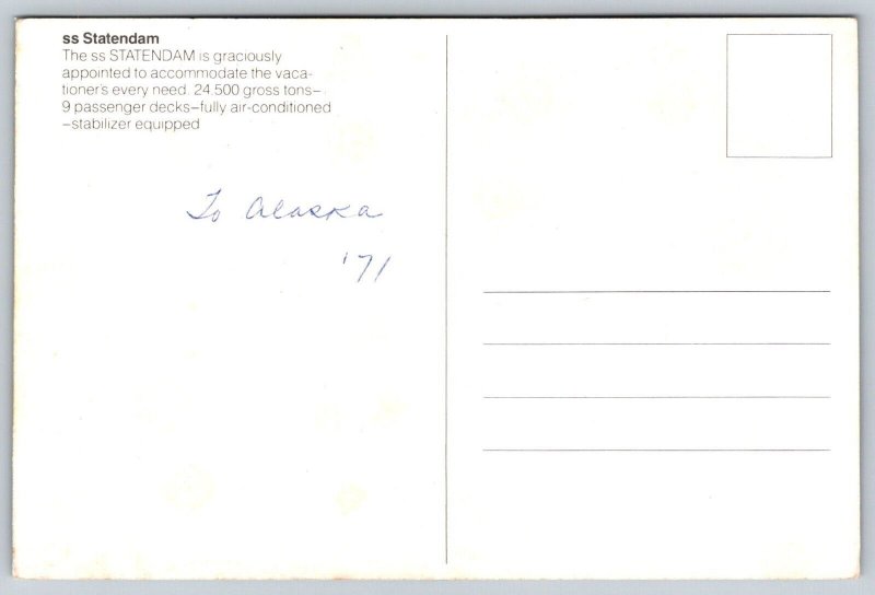 1971  Holland America Cruises to Alaska  SS Statendam Postcard
