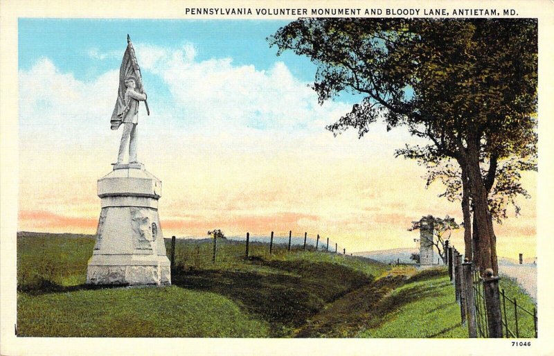 Civil War, Pennsylvania Volunteer Monument Bloody Lane,Antietam, MD,Old Postcard