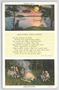 Greetings From Maine~Poem By Rev. Wm. Wood~Sunset & Campfire Scenes~PM 1930 PC
