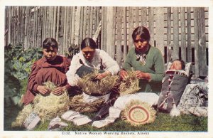 Linen Postcard Native Women Weaving Baskets in Alaska~129032