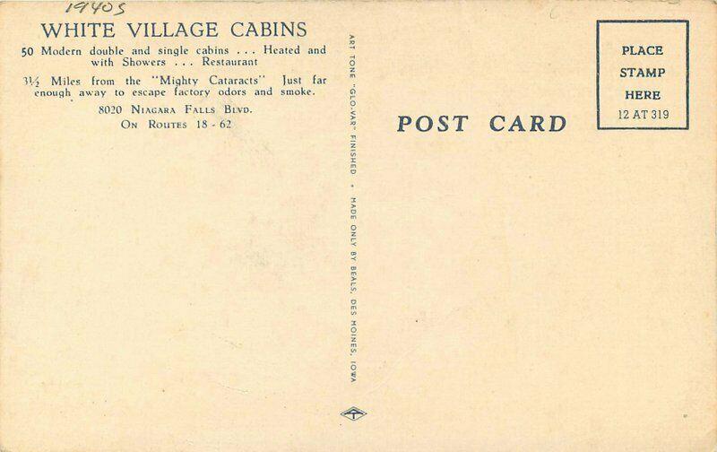 Beals Niagara Falls New York roadside 1940s White Village Cabins Postcard 5735