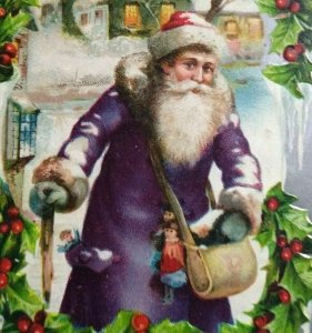 Victorian Purple Blue Coat Santa Claus Christmas Postcard Antique Embossed  