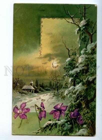 161805 Tinsel VIOLETS in Snow X-MAS vintage colorful PC