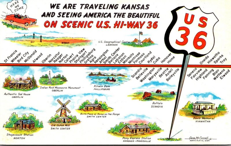 Highway 36 Kansas Map Kansas Map Of Scenic Highway 36 | United States - Kansas - Other, Postcard  / Hippostcard