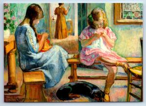 LITTLE GIRLS SEWS Needlework Dachshund Dog New Unposted Postcard