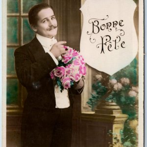 c1910s French Happy Holiday Handlebar Mustache Man RPPC Color Real Photo PC A136