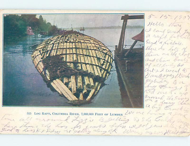 Pre-1907 FORESTRY - LOG RAFT ON COLUMBIA RIVER Postmarked Portland OR hp9059