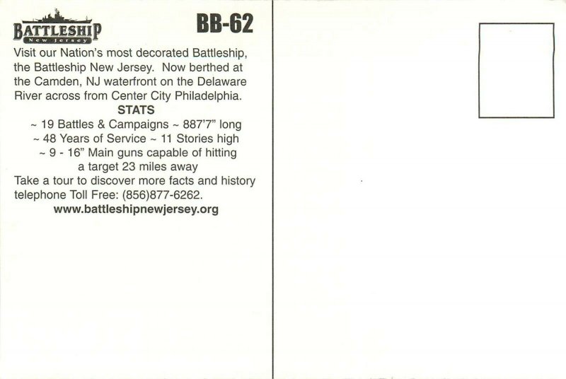 Battle Ship New Jersey BB-62 NJ US Navy Postcard