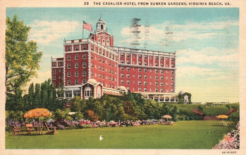 Vintage Postcard 1937 Cavalier Hotel Building Sunken Gardens Virginia