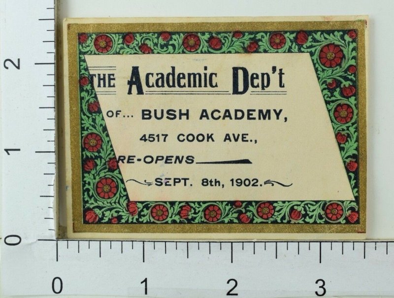 1890's Victorian Advertising Paper Sticker Academic Dept Bush Academy P35