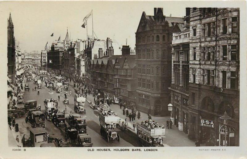 RPPC Old Houses Holborn Bars London UK old cars Postcard