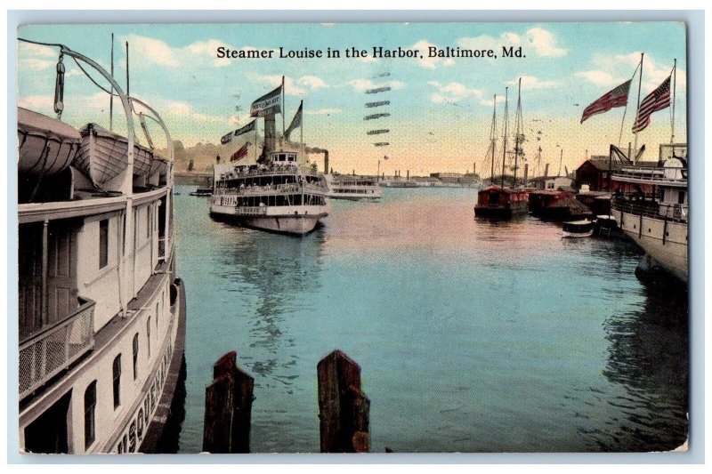 Baltimore Maryland MD Postcard Steamer Louise In The Harbor Steamships 1914 Flag