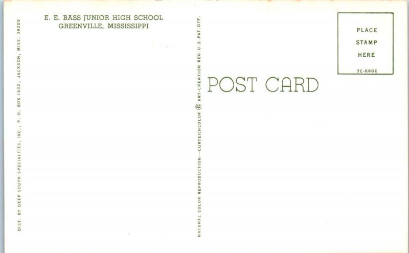 GREENVILLE, MS Mississippi   E E Bass JUNION HIGH SCHOOL   c1950s  Postcard