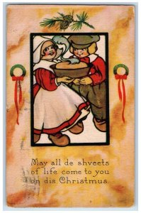 1914 Christmas Dutch Boy Girl Pudding Whreat Pine Cones Posted Antique Postcard 