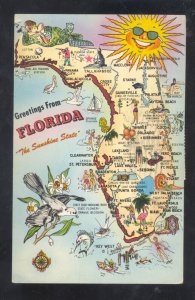 GREETINGS FROM SUNNY FLORIDA STATE MAP VINTAGE POSTCARD