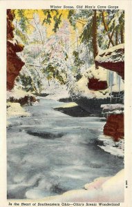 Logan Ohio 1930s Postcard Winter Scene Old Man's Cave Gorge