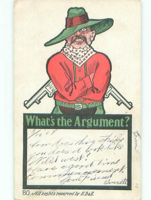 Pre-Linen Comic WESTERN COWBOY WITH GUNS DRAWN AB8898