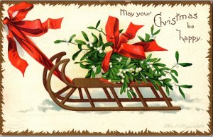 Merry Christmas, Sled Full of Mistletoe, Ellen Clapsaddle c1907 Postcard N75