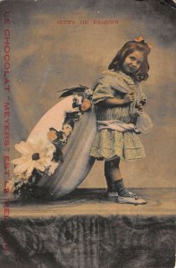 Meyers Chocolate Girl with Giant Egg Easter French Candy Ad Postcard AA91950