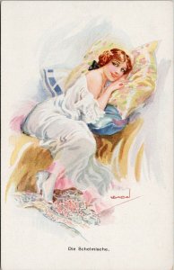 Woman Resting Pillows 'Die Schelmische' Usabal Artist Signed Postcard G31