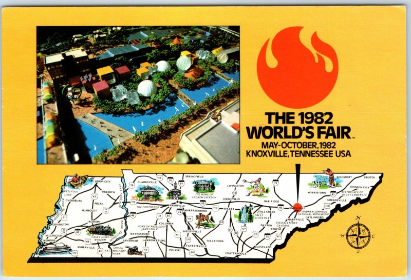 c1982 Knoxville TN World's Fair Postcard Exposition Tennessee Map Flame M67