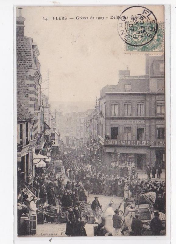 FLERS : grèves de 1907, défilé des grévistes, grand bazar de flers - trè...