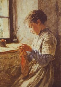 Pretty Girl hand-knit by the window Sew by Albert Anker NEW MDRN Postcard