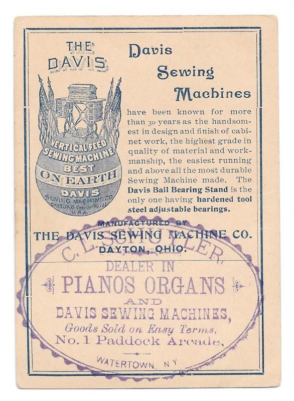 Victorian Trade Card Davis Sewing Machines Dayton Ohio C L Schuyler Watertown NY