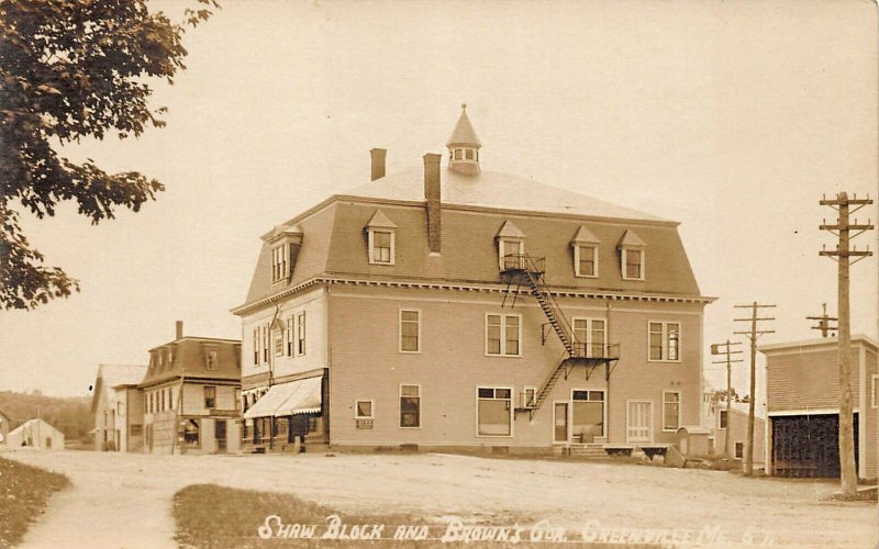 Greenville ME Shaw Block & Browns Corner Storefronts Real Photo Postcard