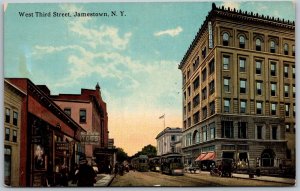Jamestown New York c1910 Postcard West Third Street Streetcars Stores