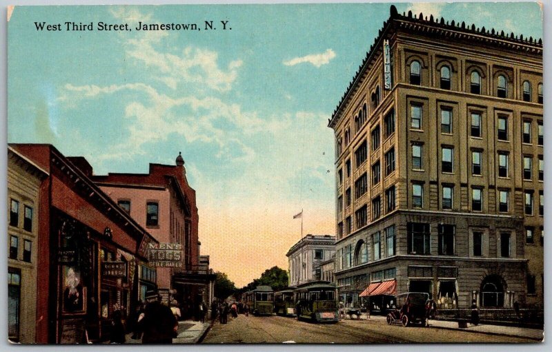 Jamestown New York c1910 Postcard West Third Street Streetcars Stores